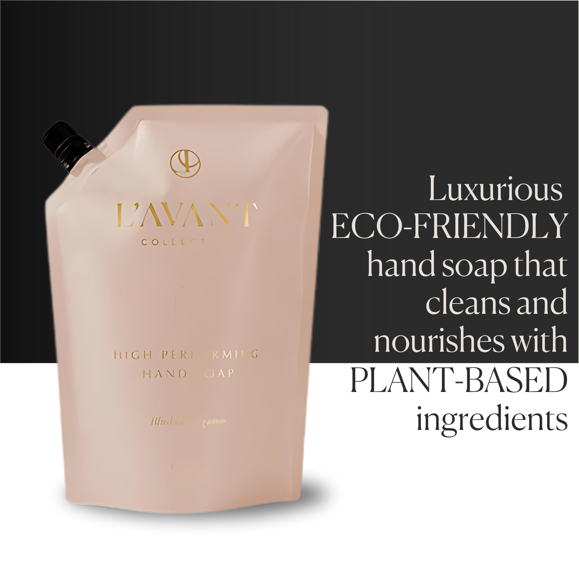 L'AVANT Collective refill bottle detail highlighting blush pink glass and pour spout, shows ease of use