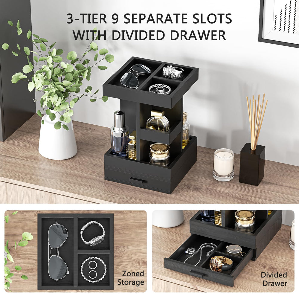 Lavendex pull-out drawer open with rings and cufflinks keeping small items concealed