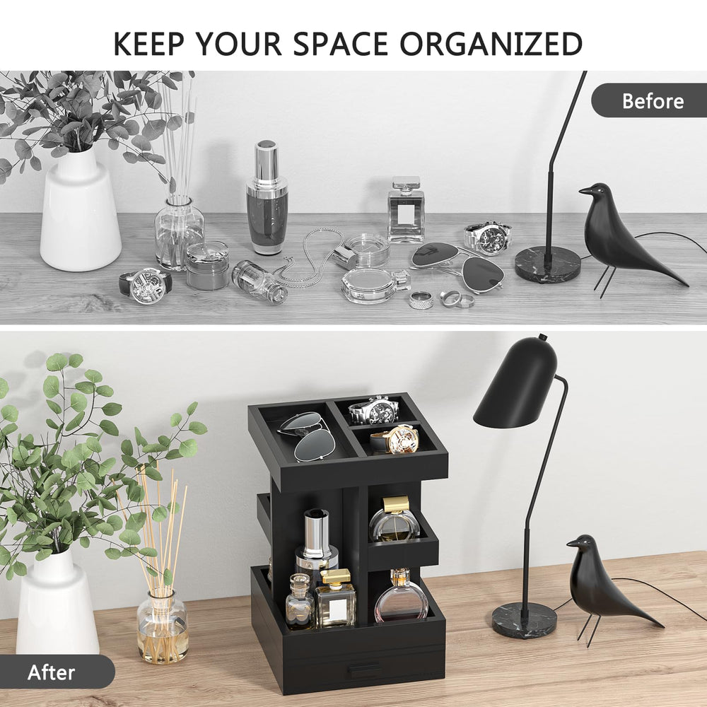 Lavendex two middle tiers loaded with various cologne bottles for organized display