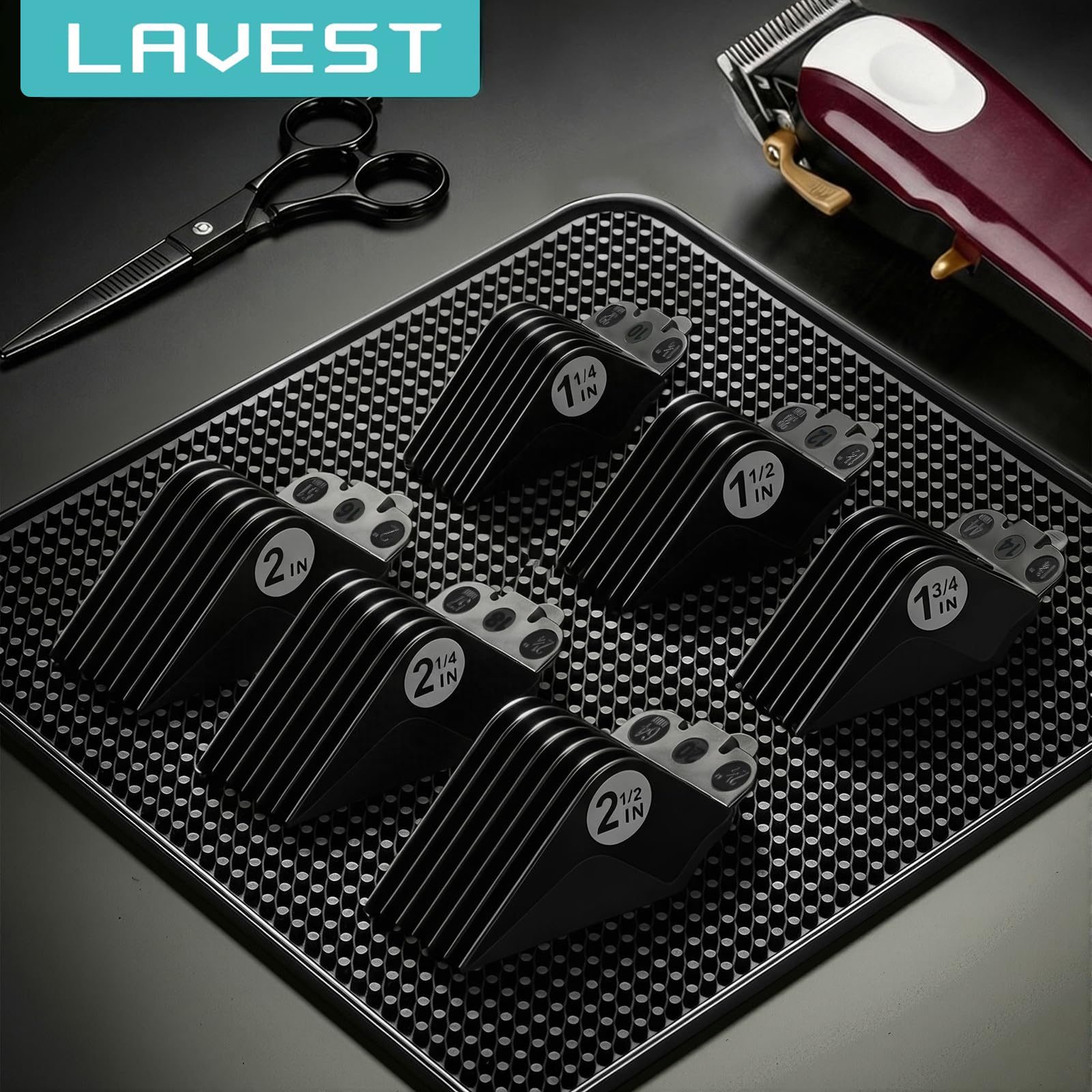 LAVEST box contents laid out to show all six guards and the holder