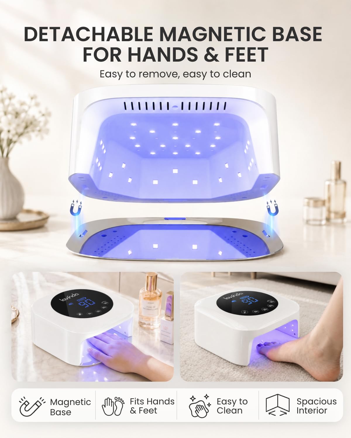 Lavinda curing five fingernails inside lamp to demonstrate full-set capacity