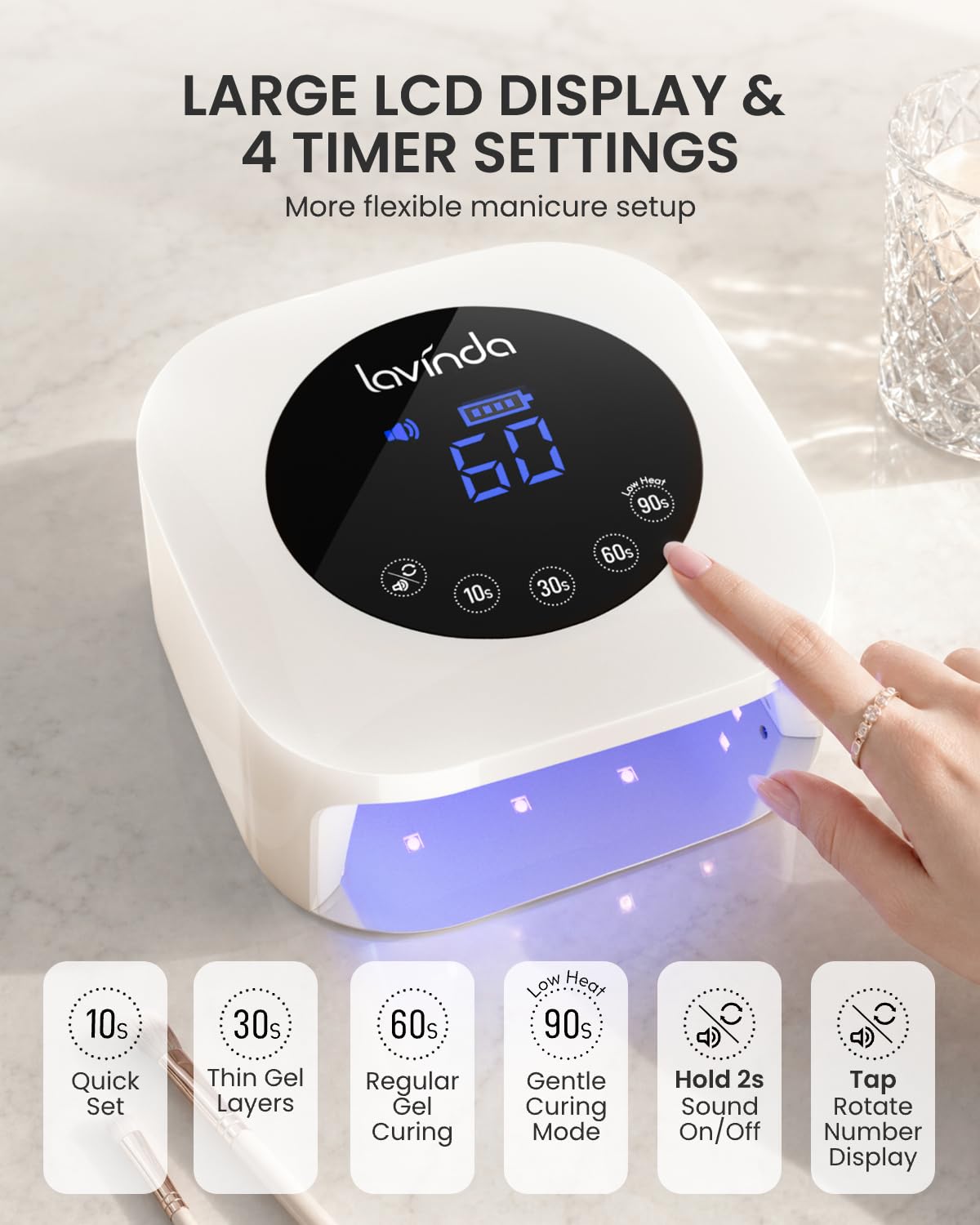Lavinda interior mirror base reflecting LEDs for more even gel curing across nails