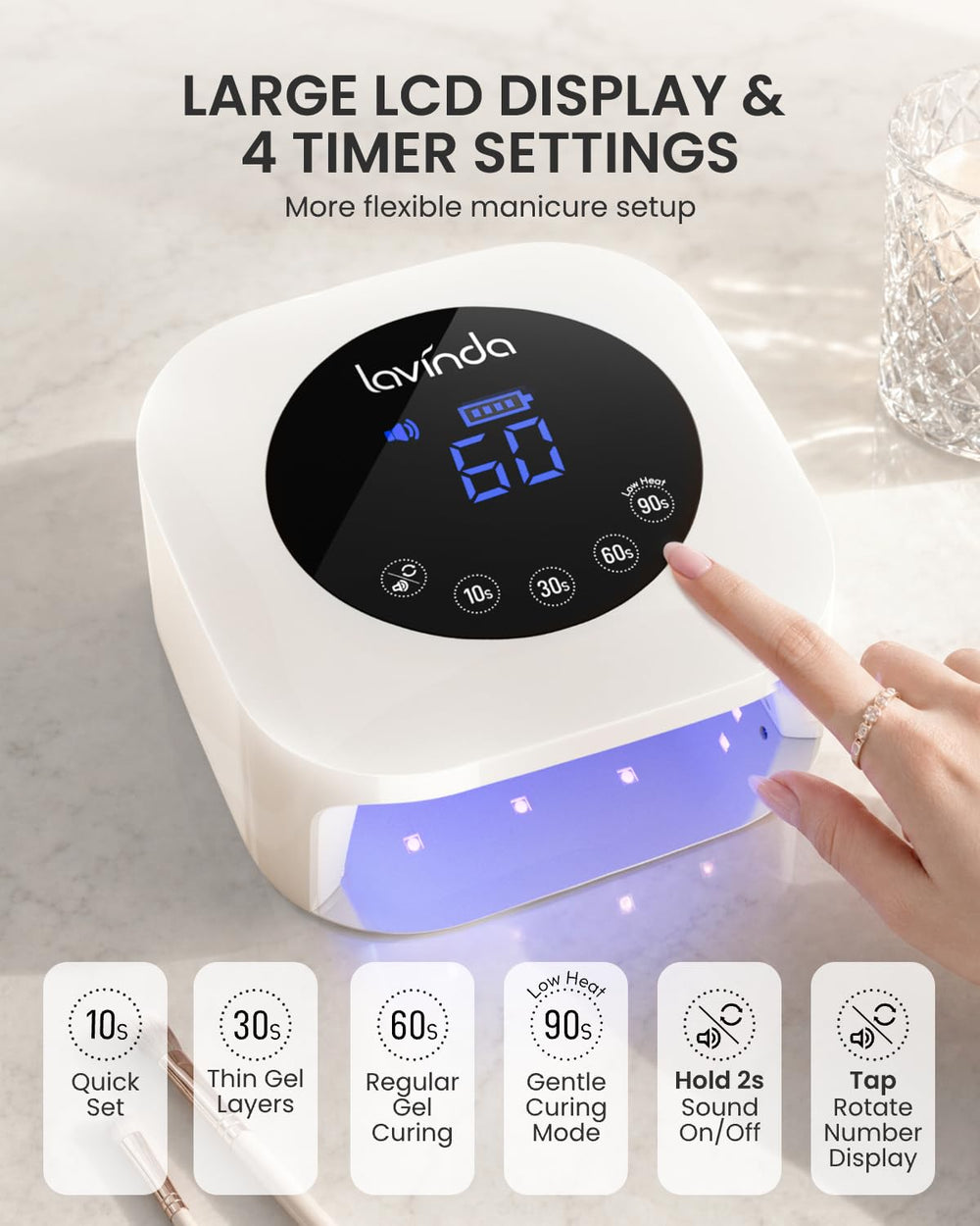 Lavinda interior mirror base reflecting LEDs for more even gel curing across nails