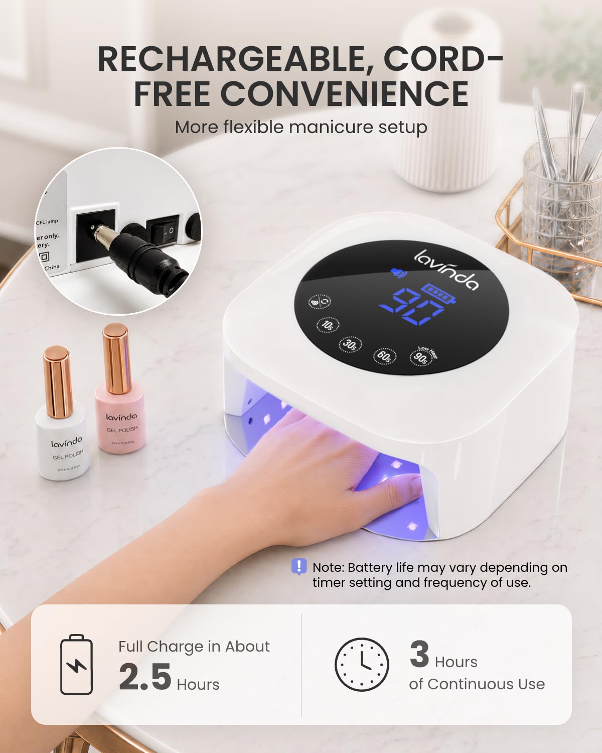 Lavinda close-up of touchscreen display with timer and battery icons for easy control