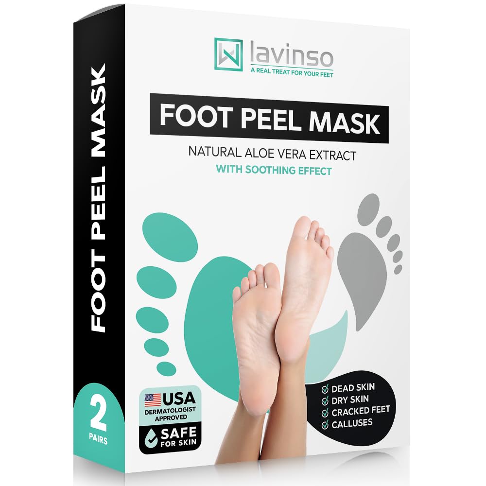 Lavinso front packaging showing pair of foot peel socks and branding benefits