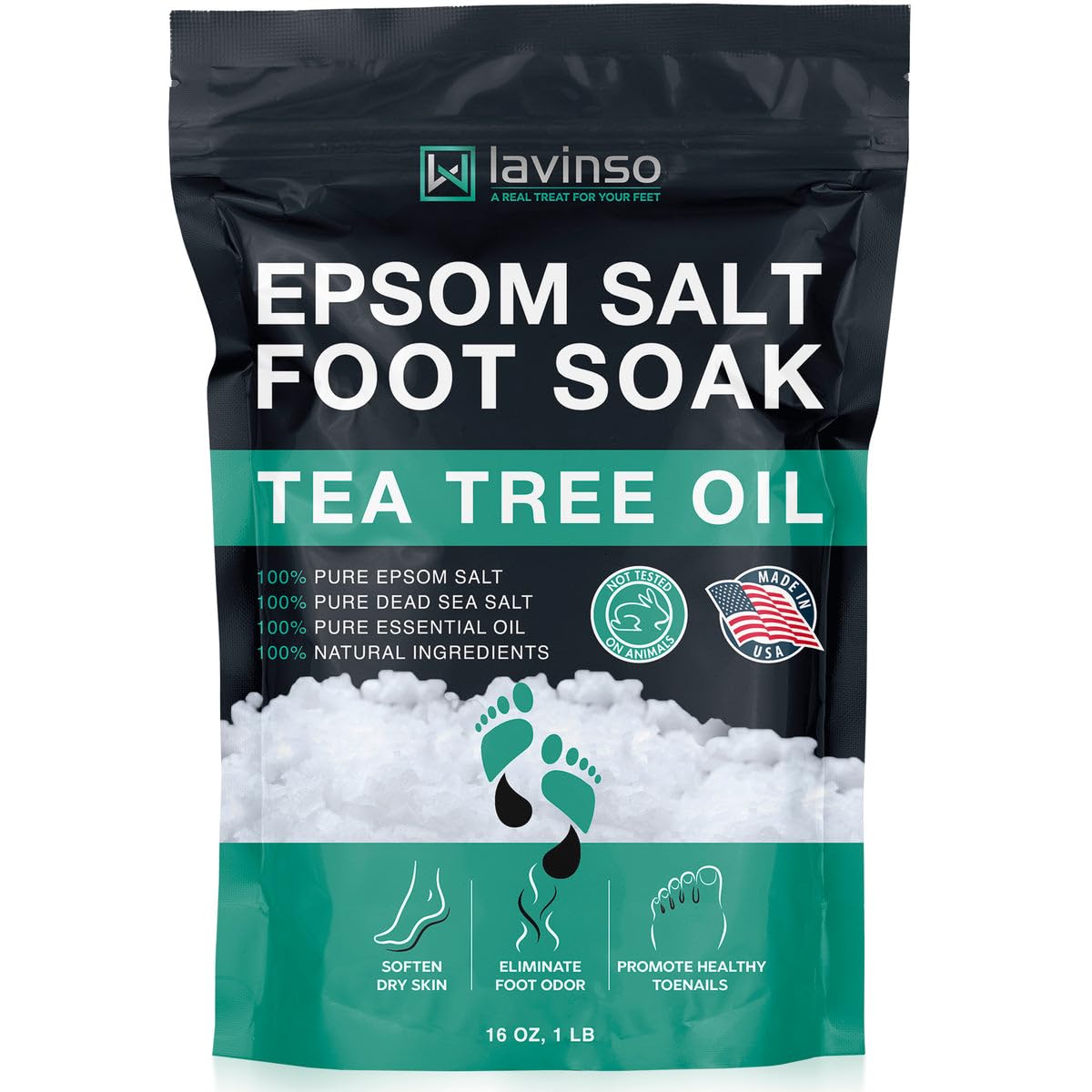 Lavinso front packaging showing 1 lb bag and clear benefits for convenient foot care