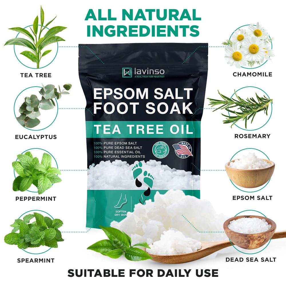 Lavinso label and ingredients panel showing tea tree, peppermint, and Epsom salt benefits