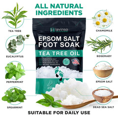 Lavinso label and ingredients panel showing tea tree, peppermint, and Epsom salt benefits