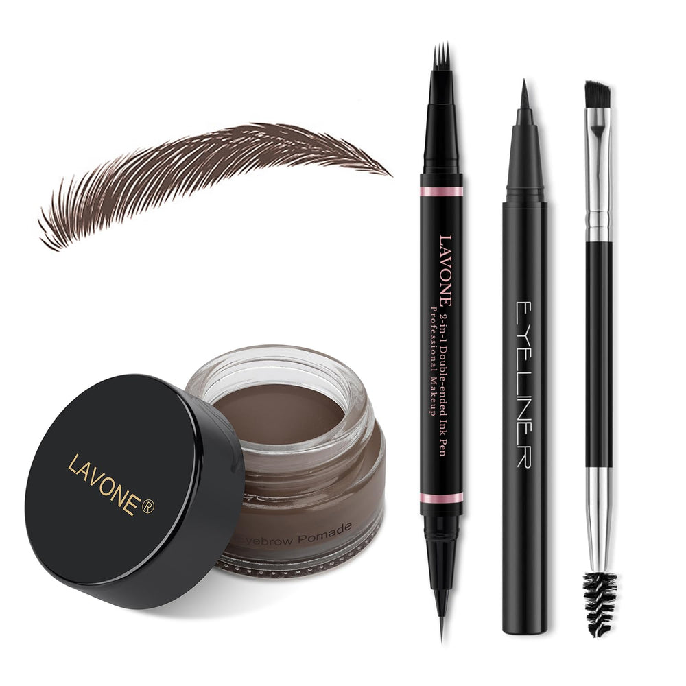 LAVONE front packaging showing complete eyebrow kit and portable pouch benefit