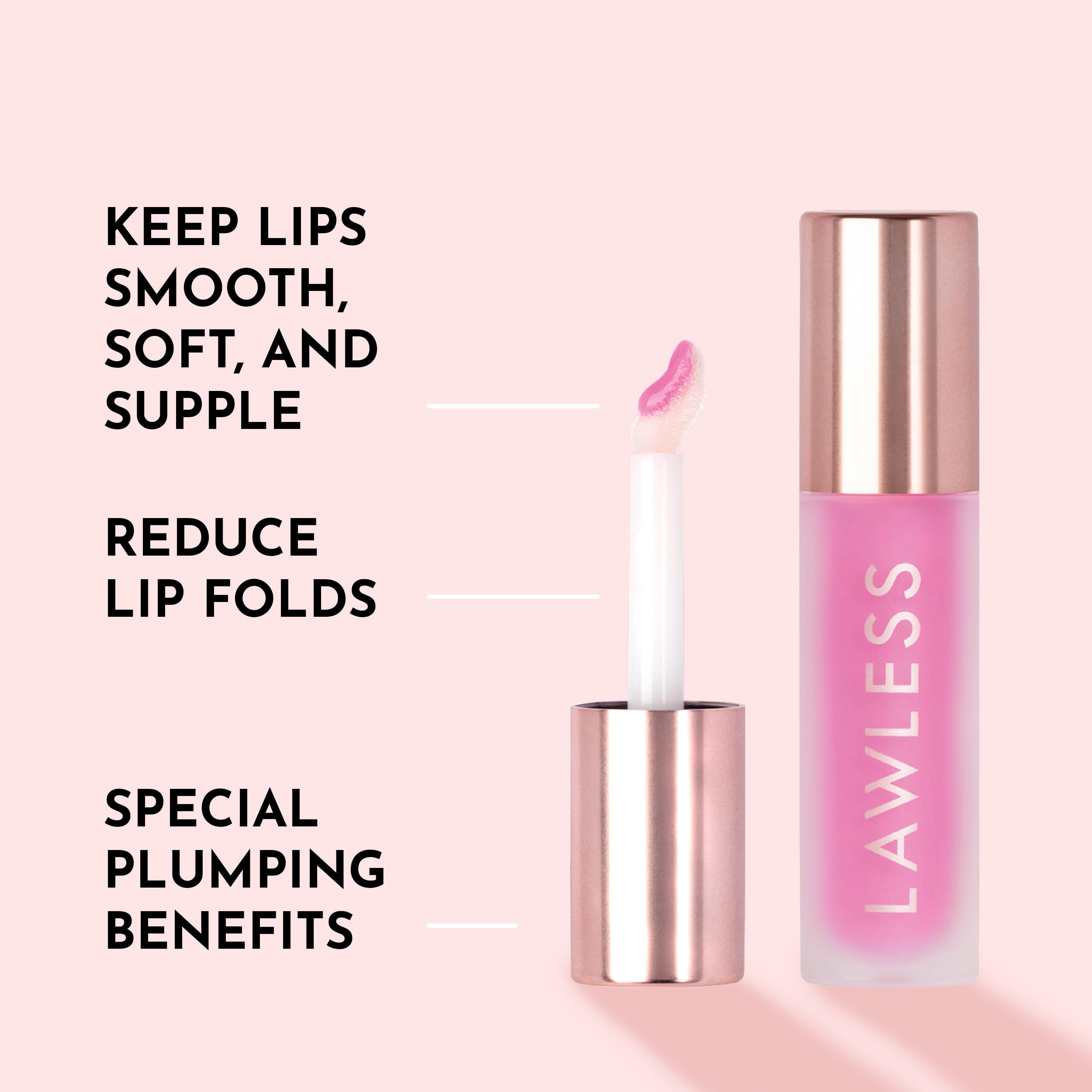 Lawless gloss worn on lips in Strawberry Popsicle enhancing fullness and color