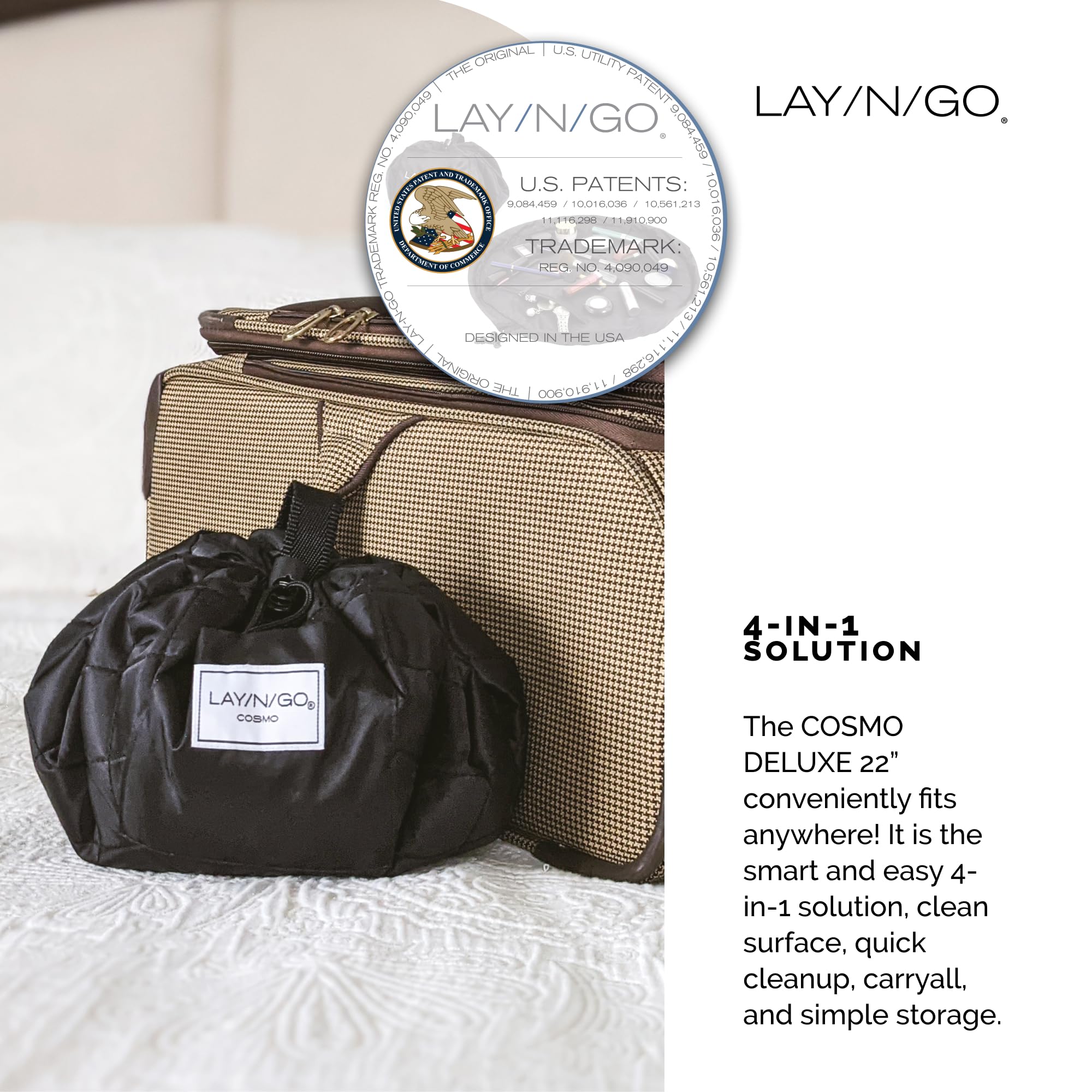 Lay-n-Go Cosmo on a bathroom counter organized and ready for use benefit
