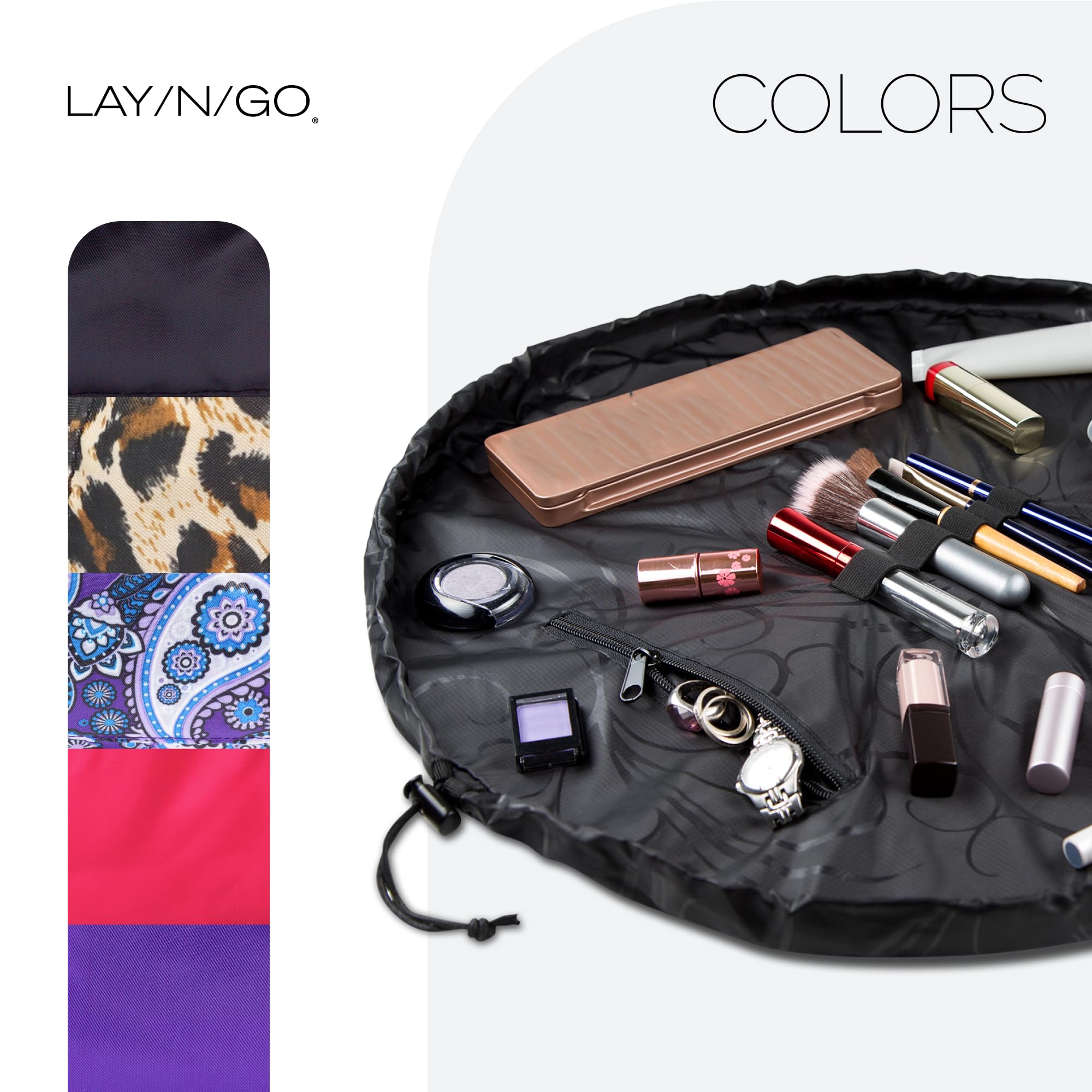 Lay-n-Go Cosmo size comparison with makeup illustrating capacity benefit
