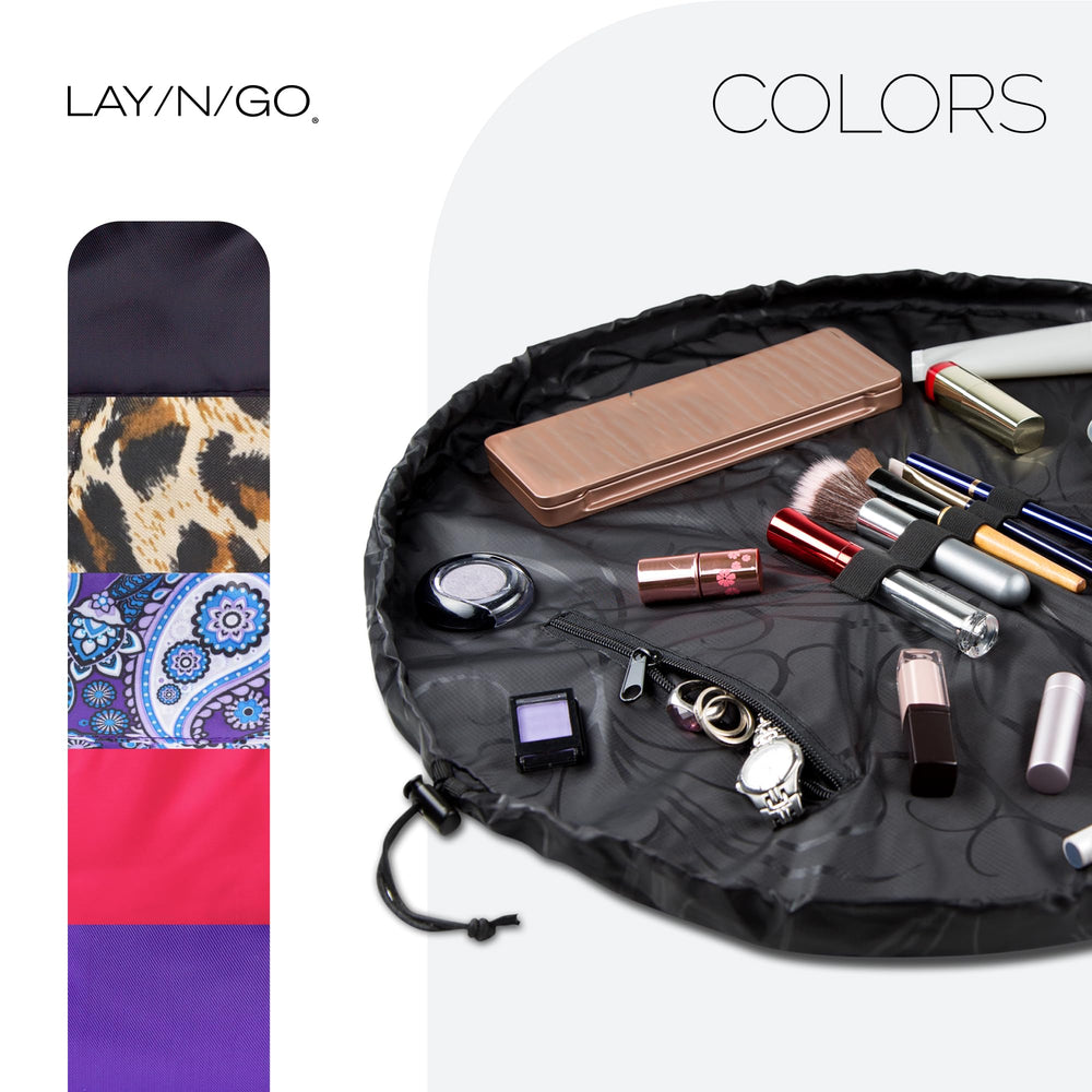 Lay-n-Go Cosmo size comparison with makeup illustrating capacity benefit