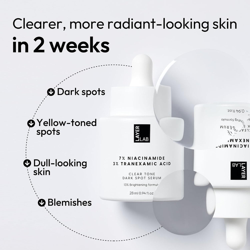 LAYERLAB serum staged on bathroom shelf to show everyday routine benefit