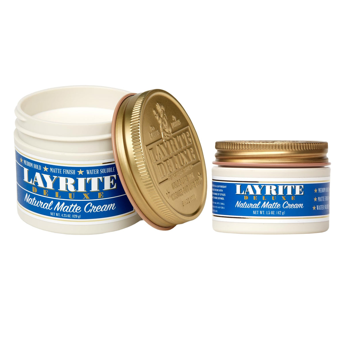 Layrite front packaging showing both 4.25 oz and 1.5 oz jars for convenience