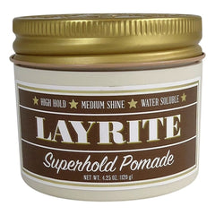 Layrite Superhold Pomade front jar showing label and size with durable styling benefit