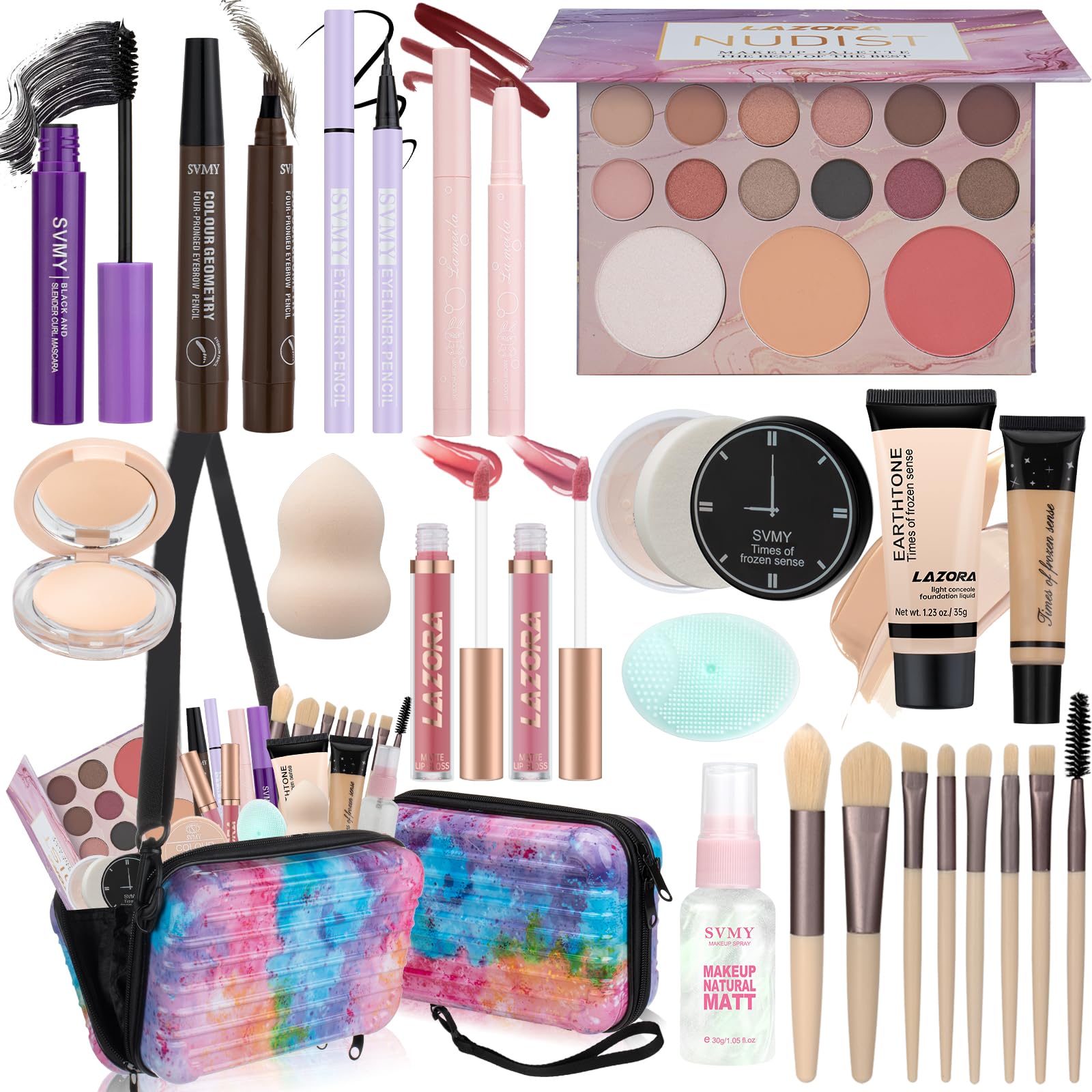 LAZORA front packaging showing complete makeup kit, great gift presentation