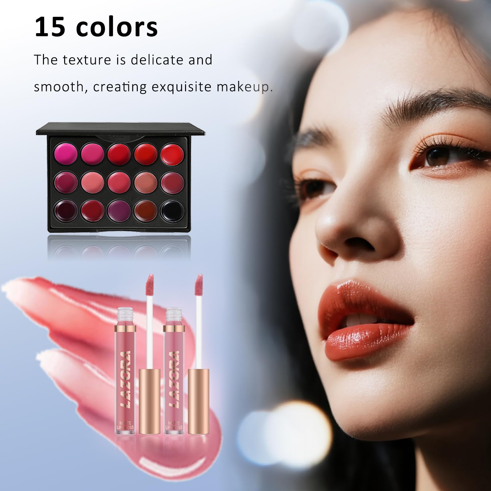 LAZORA lip swatches demonstrating palette shades and glossy finish for versatile looks