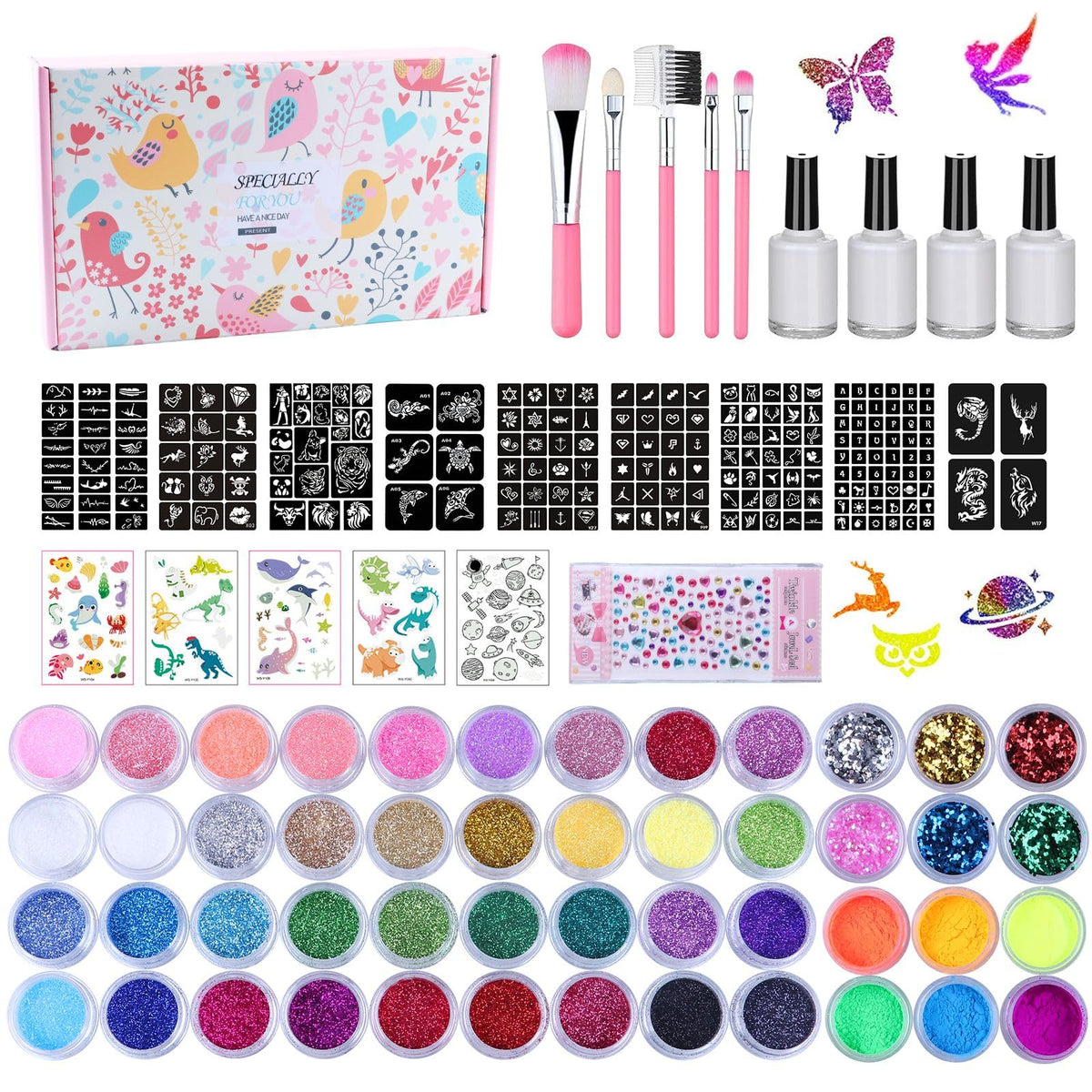 LCDGTJ front packaging showing full glitter tattoo kit for parties