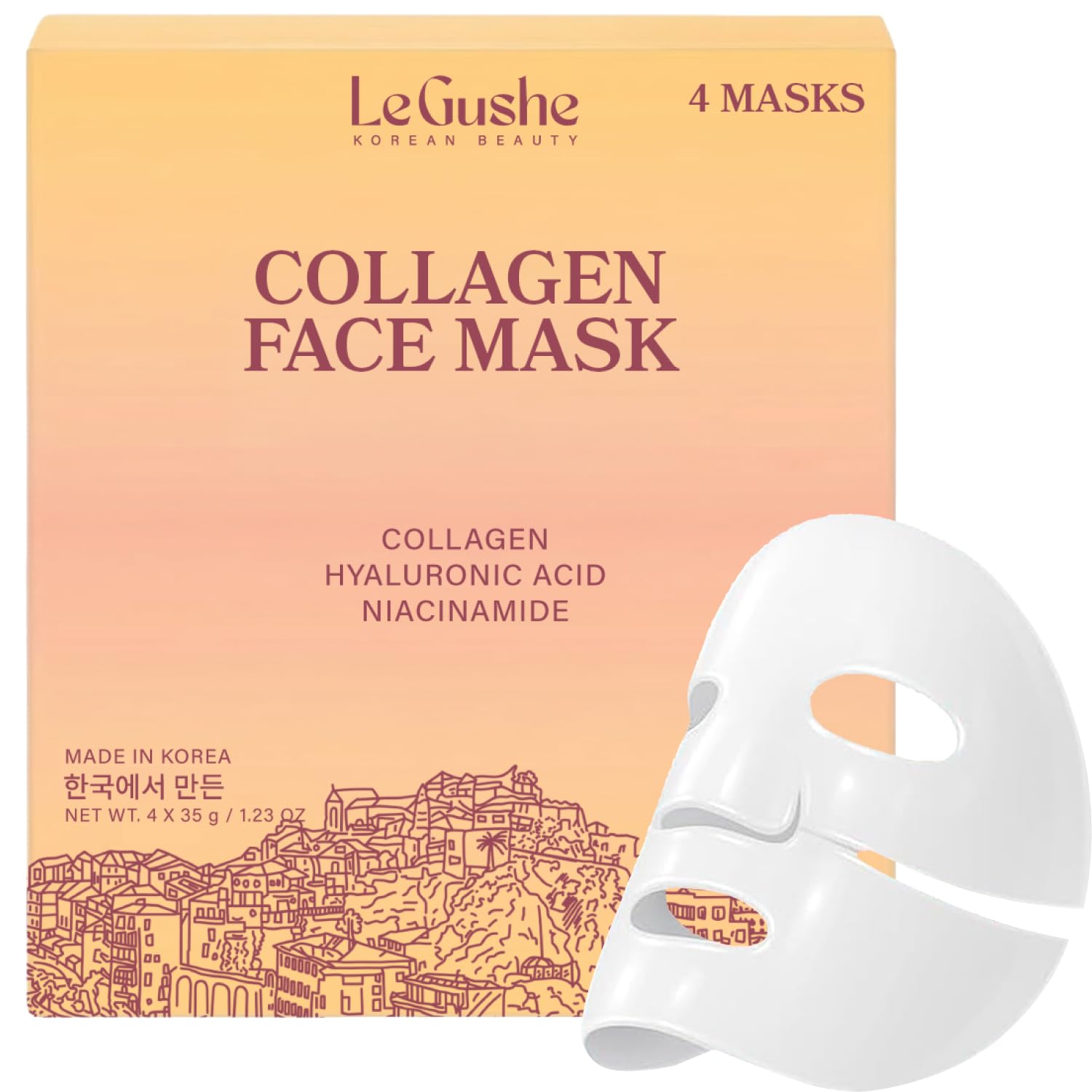 LE GUSHE front packaging showing 4 mask pack and benefits