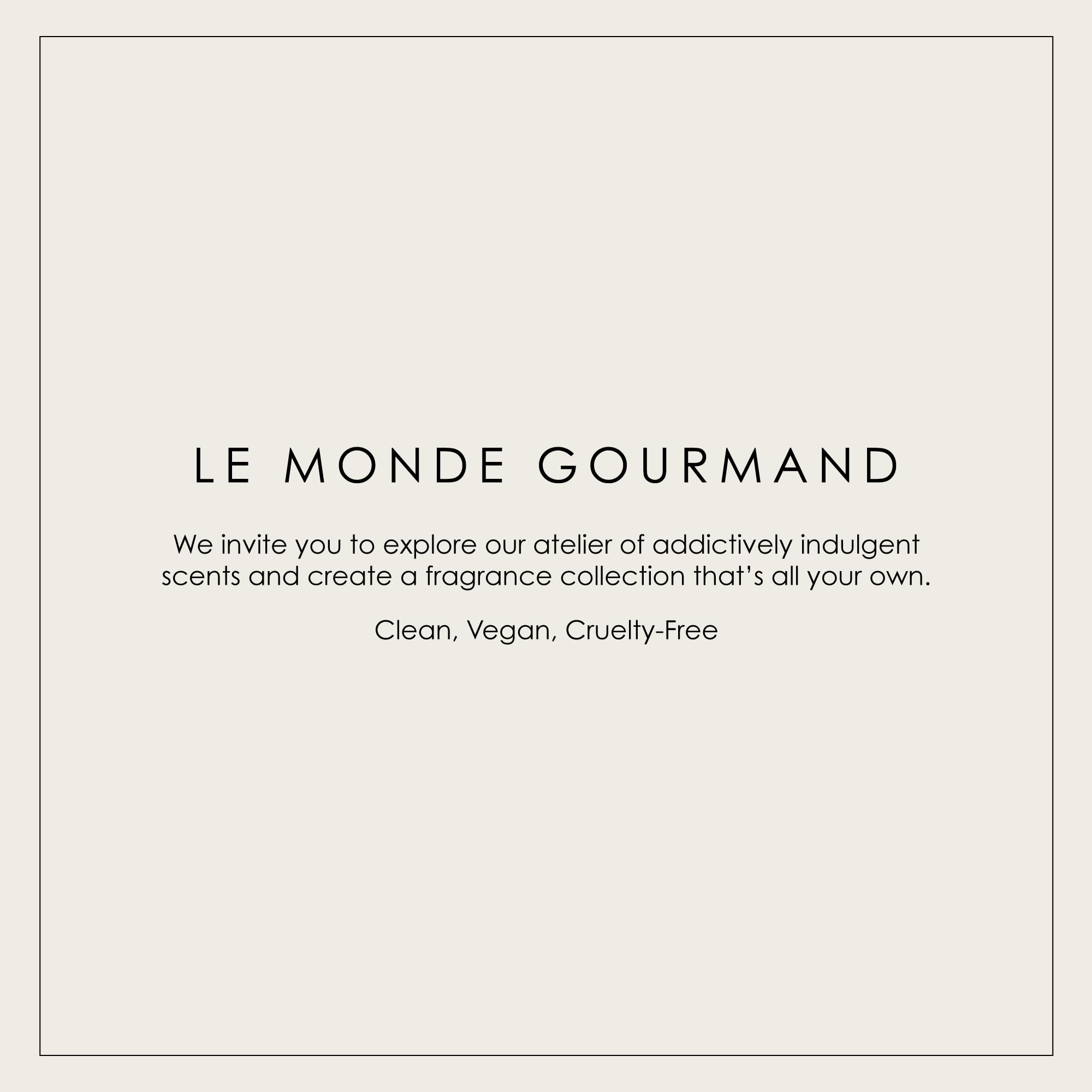 Le Monde Gourmand bottle on vanity styling with towels for daily self-care ritual