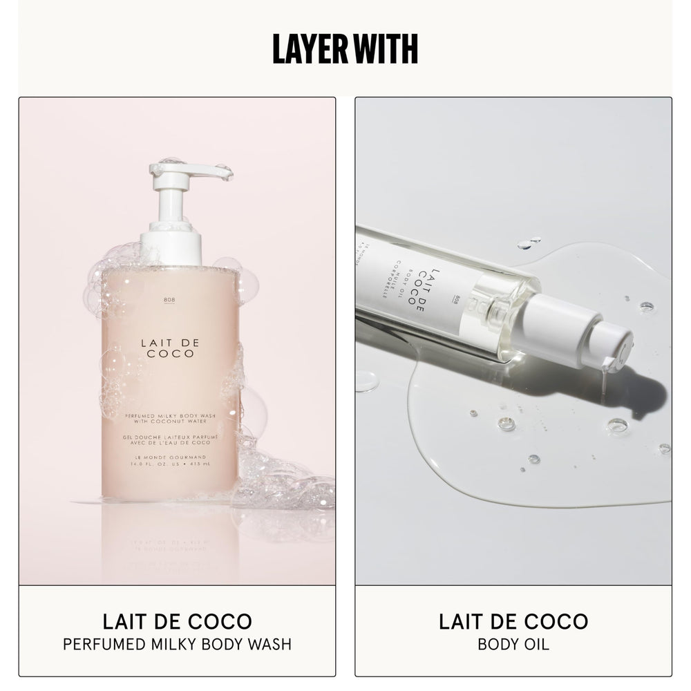 Le Monde Gourmand Lait de Coco body oil and mousse beside the perfume to show pairing options