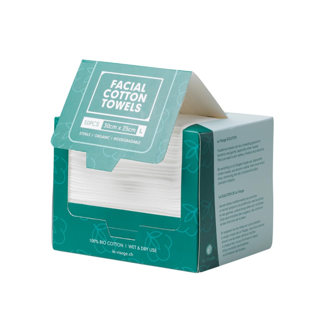 Le Visage front packaging showing 50 towels and organic certification benefits