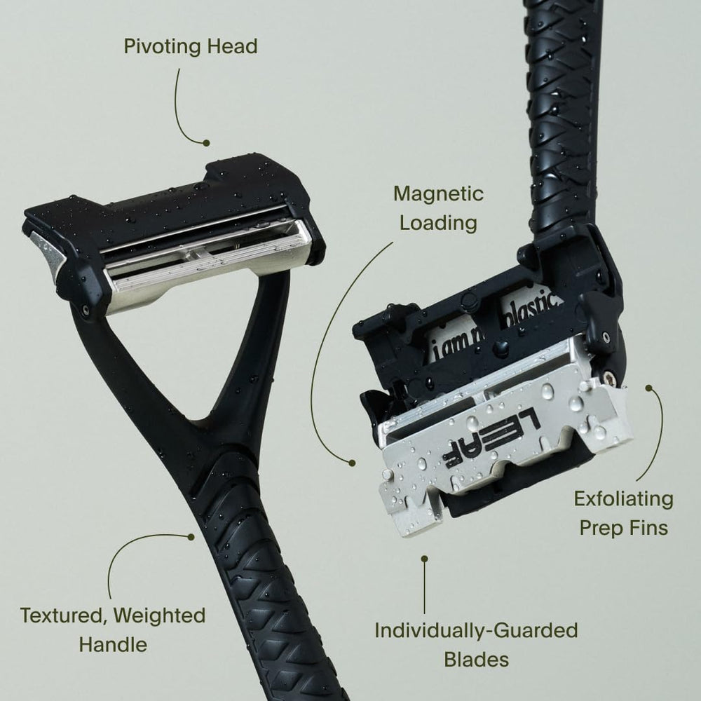 Leaf Shave handle close-up highlighting metal texture and secure grip benefit