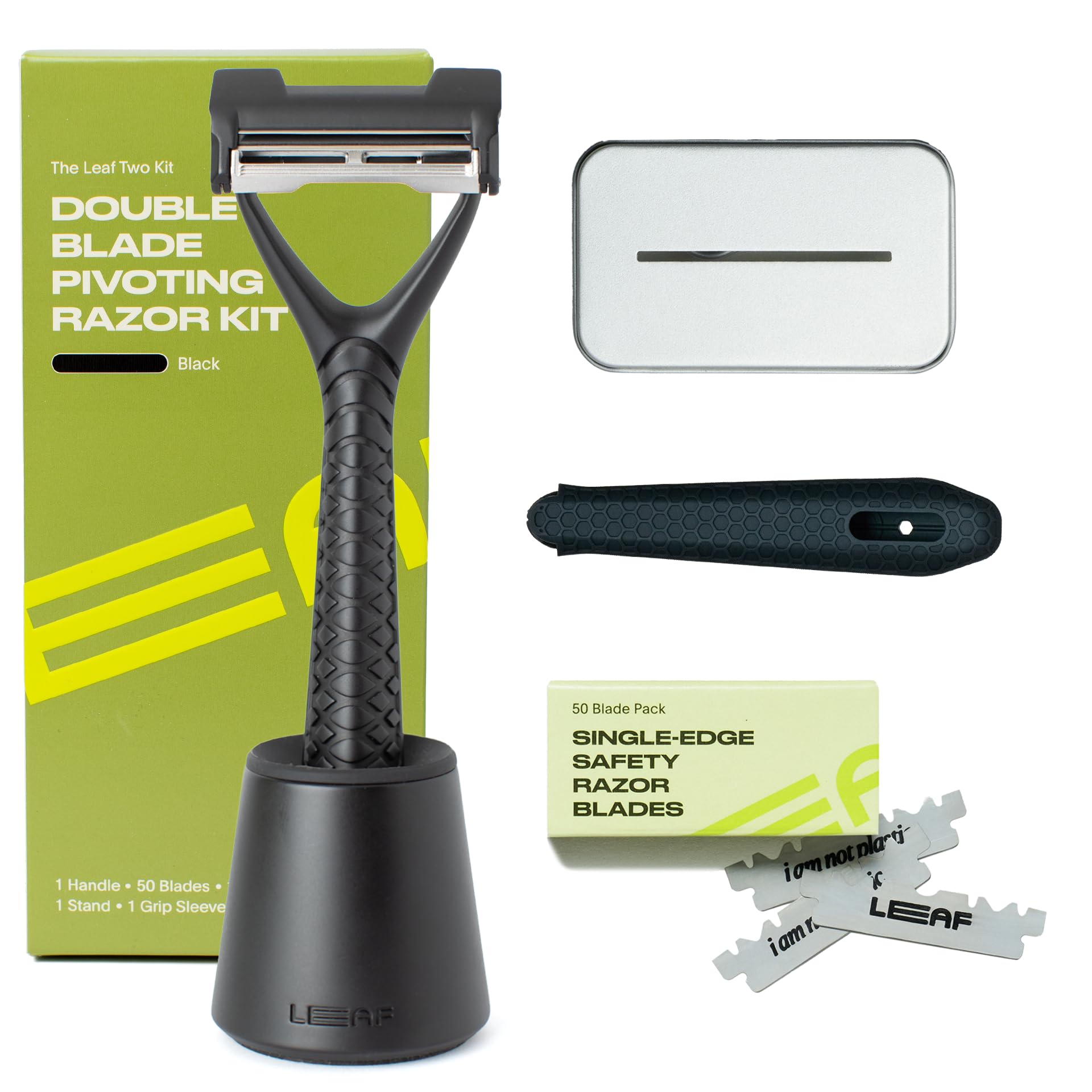 Leaf Shave black razor front view showing durable metal finish and ergonomic shape
