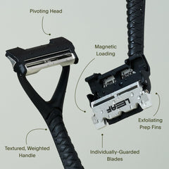 Leaf Shave razor and stand organized on a countertop for neat, accessible storage