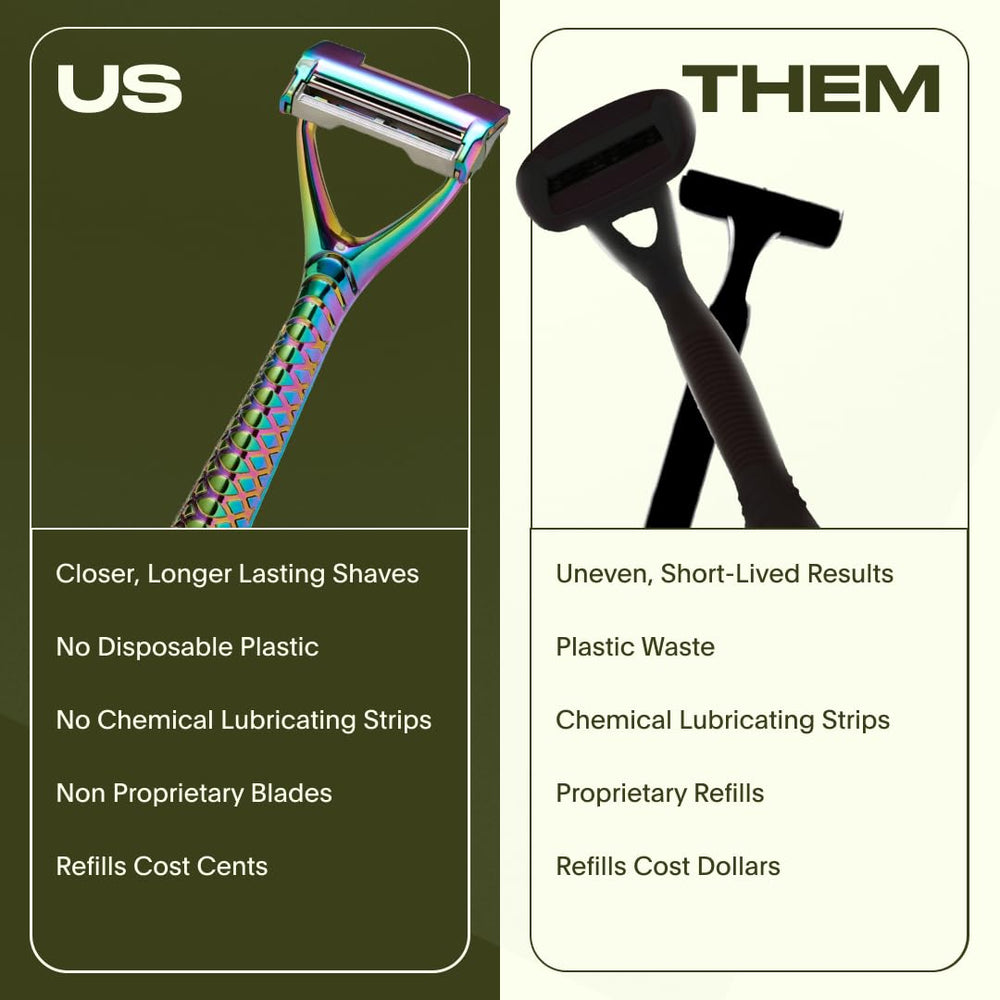 Leaf Shave razor beside a credit card to show compact size and travel-friendly scale