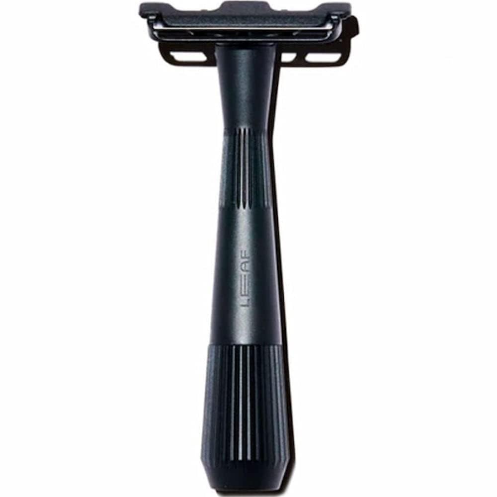 Leaf Shave Twig front view showing sleek black all-metal razor for precise shaving