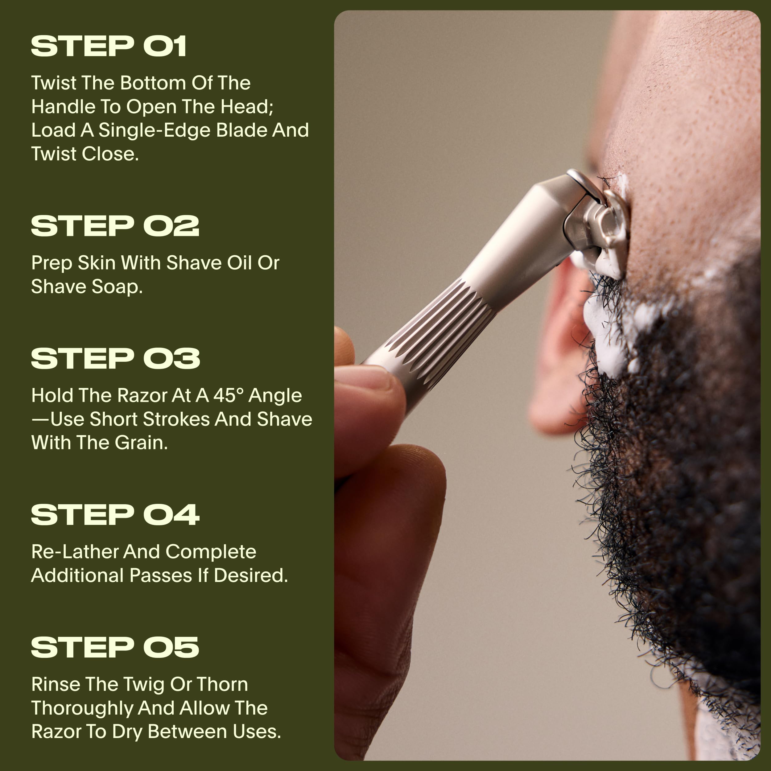 Leaf Shave Twig in use shaving face illustrating gentle, controlled strokes