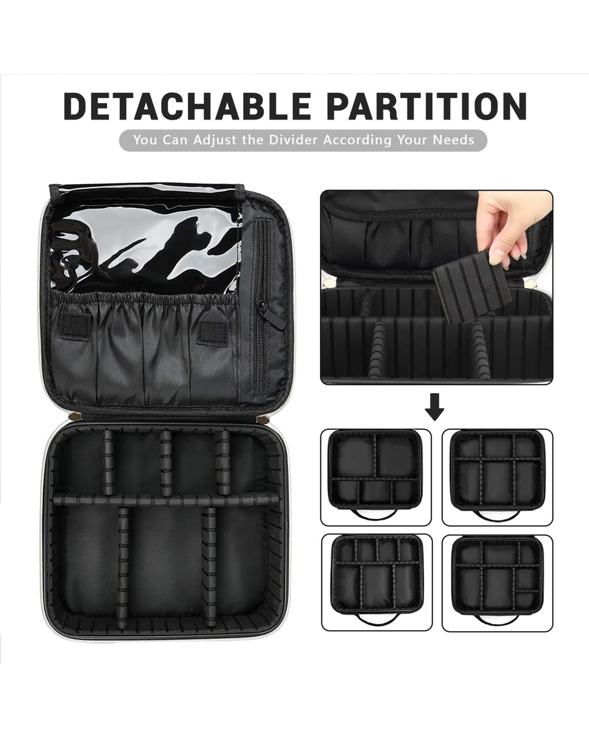 LEAFFUP interior view with adjustable partition and wipe-clean lining, organization benefit