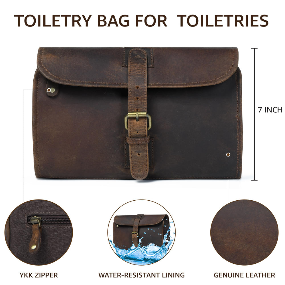 LEATHER VILLAGE expanded layout filled with toiletries to show ample storage capacity benefit