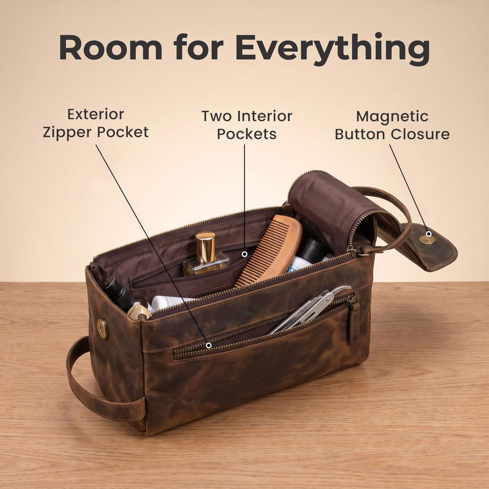 LEATHER VILLAGE exterior zipper pocket for quick-access items and added convenience