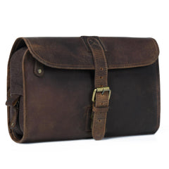 LEATHER VILLAGE front view showing compact brown leather dopp kit and organized design benefit