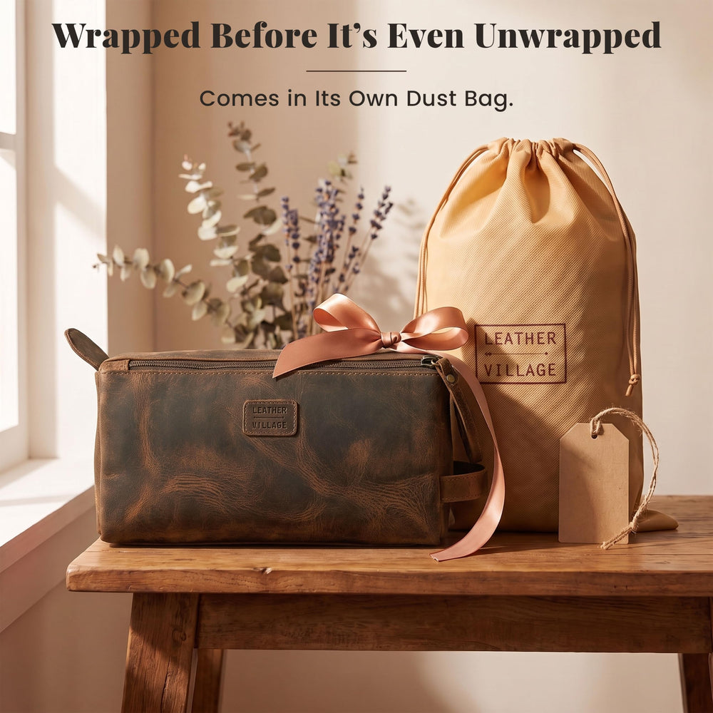 LEATHER VILLAGE bag beside toiletries showing compact size and packing capacity