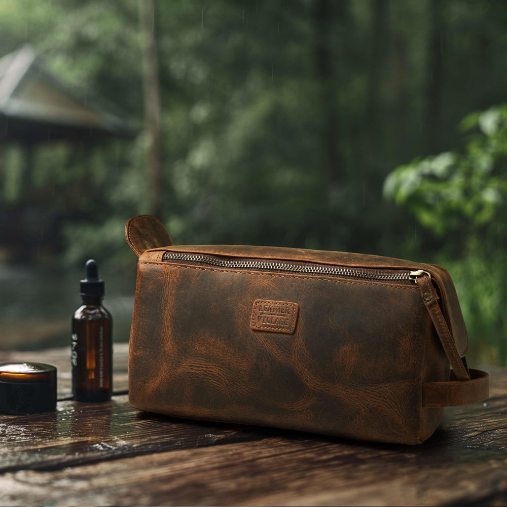 LEATHER VILLAGE staged on luggage in travel setting showing premium gift appeal