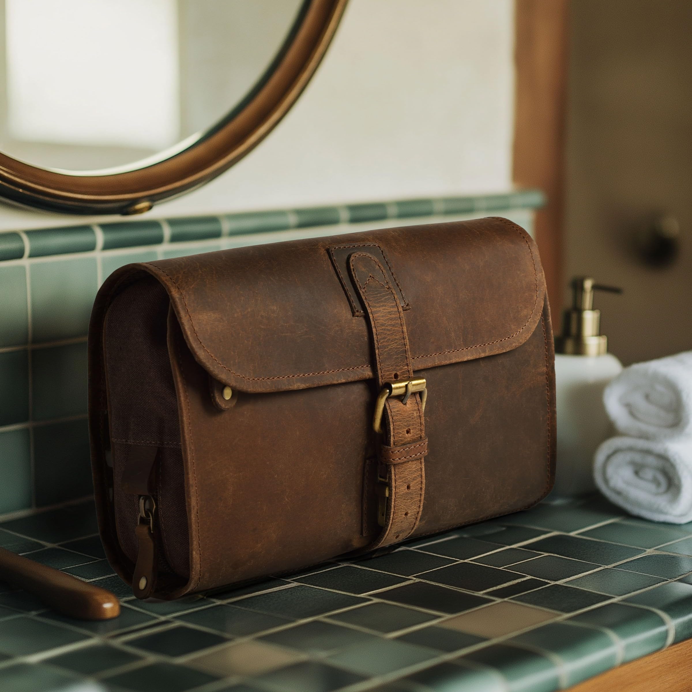 LEATHER VILLAGE YKK zipper and brass fittings detail highlighting reliable closure and longevity