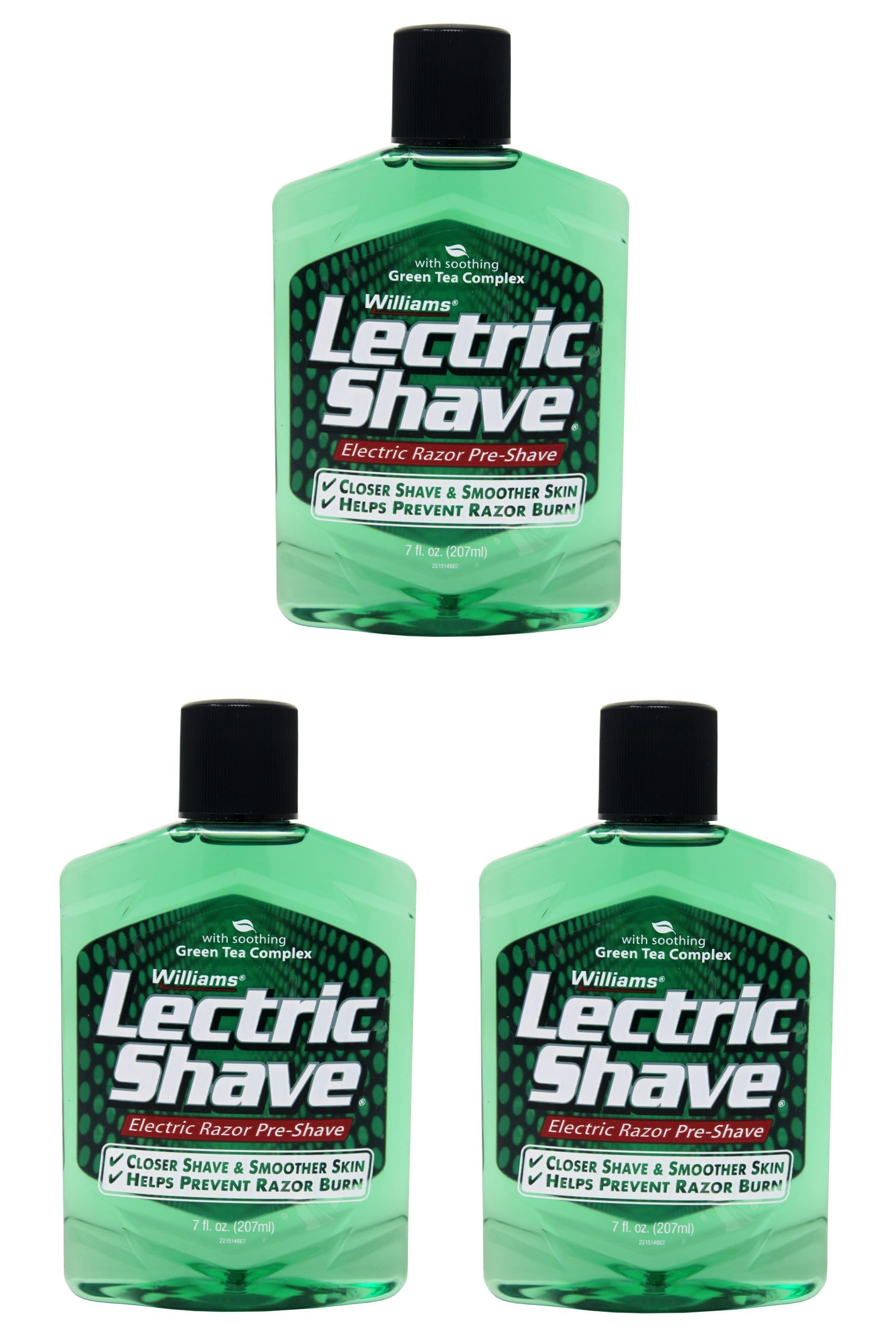 Lectric Shave front-packaging showing three 7 oz bottles and easy-grip caps for convenience