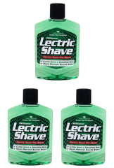 Lectric Shave front-packaging showing three 7 oz bottles and easy-grip caps for convenience