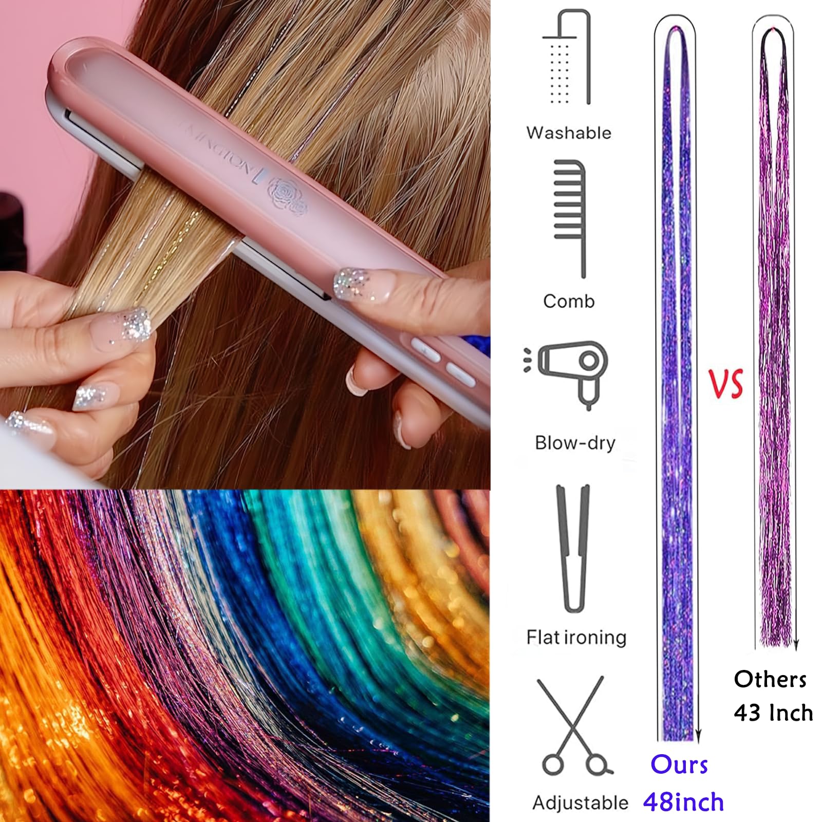 LEDIZE tinsel strands beside a coin for scale showing 48-inch length benefit customizable trimming