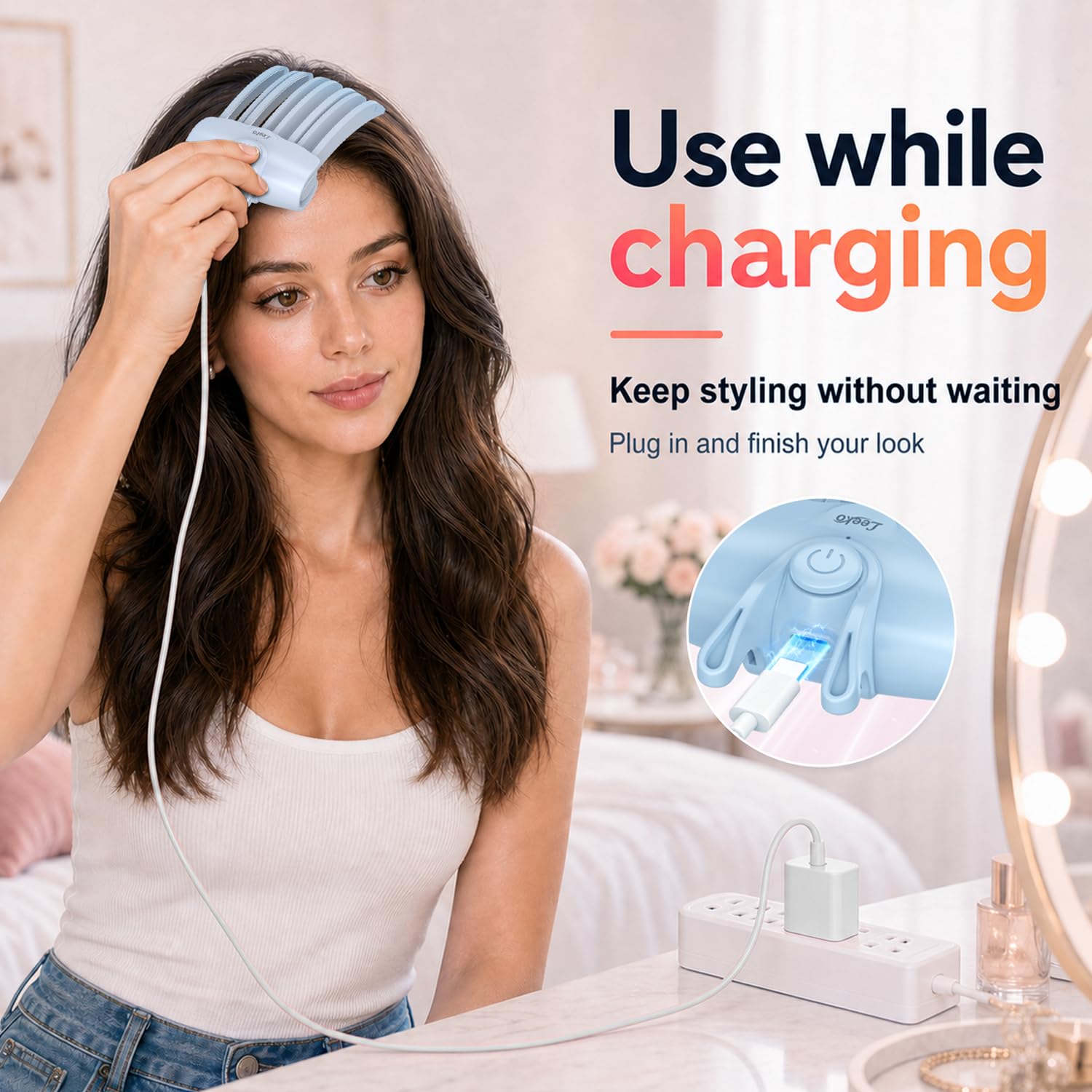 Leeko on bathroom counter in styling scene for quick touch-up benefit