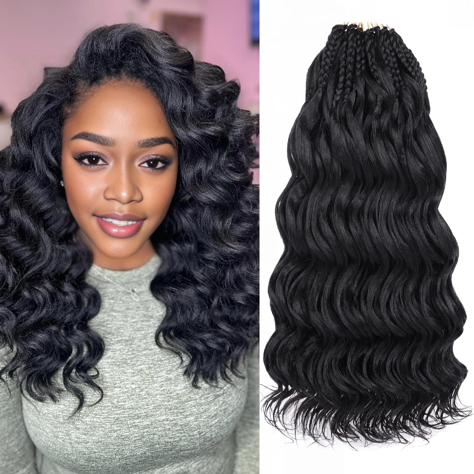 Leeven front packaging showing 14-inch ocean wave braids and quick install benefit