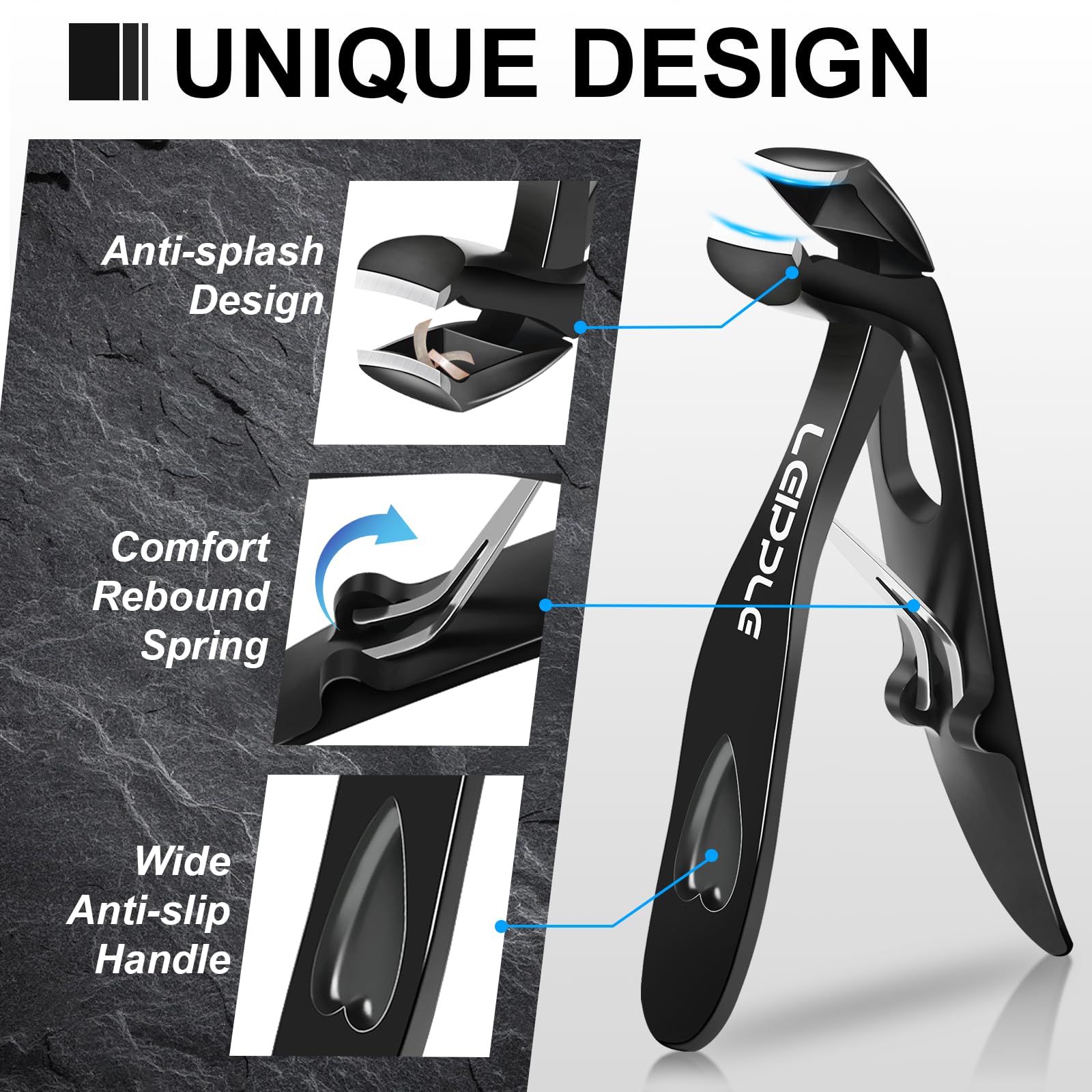 Leipple close-up of large podiatrist toenail clipper demonstrating sharp curved blade for cleaner cuts