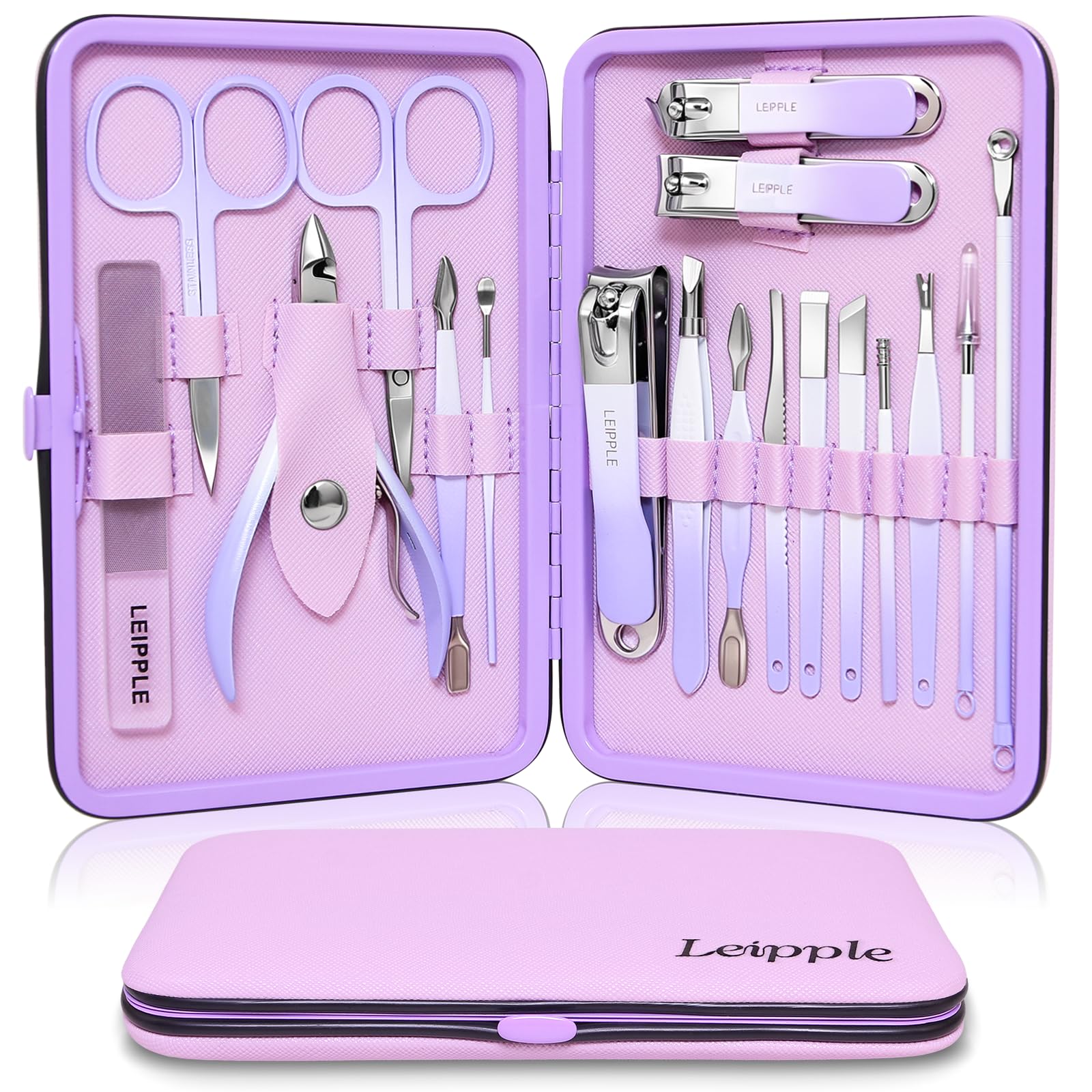 Leipple purple-gradient case front showing compact travel-ready design
