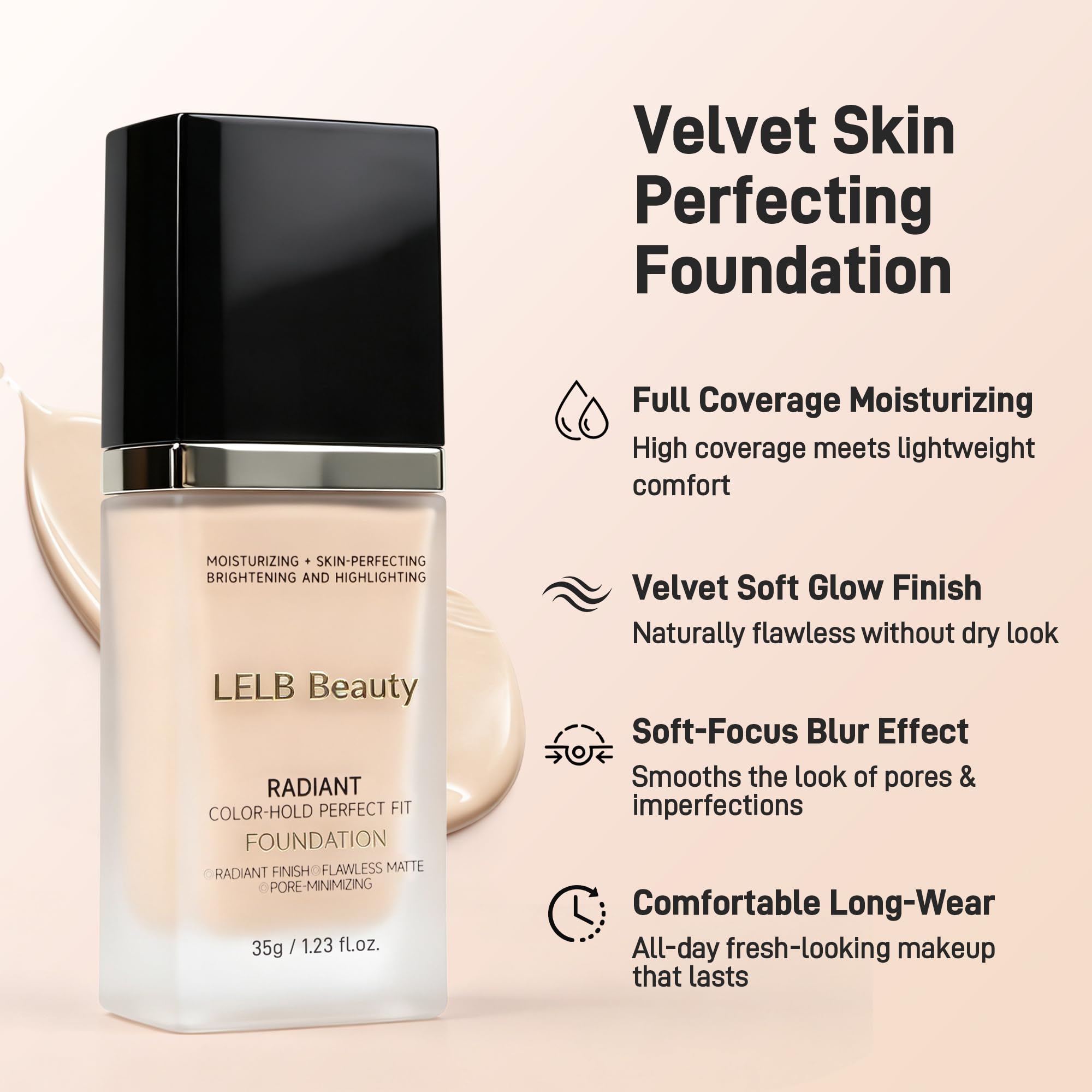 LELB foundation on model skin showing velvet matte finish benefit