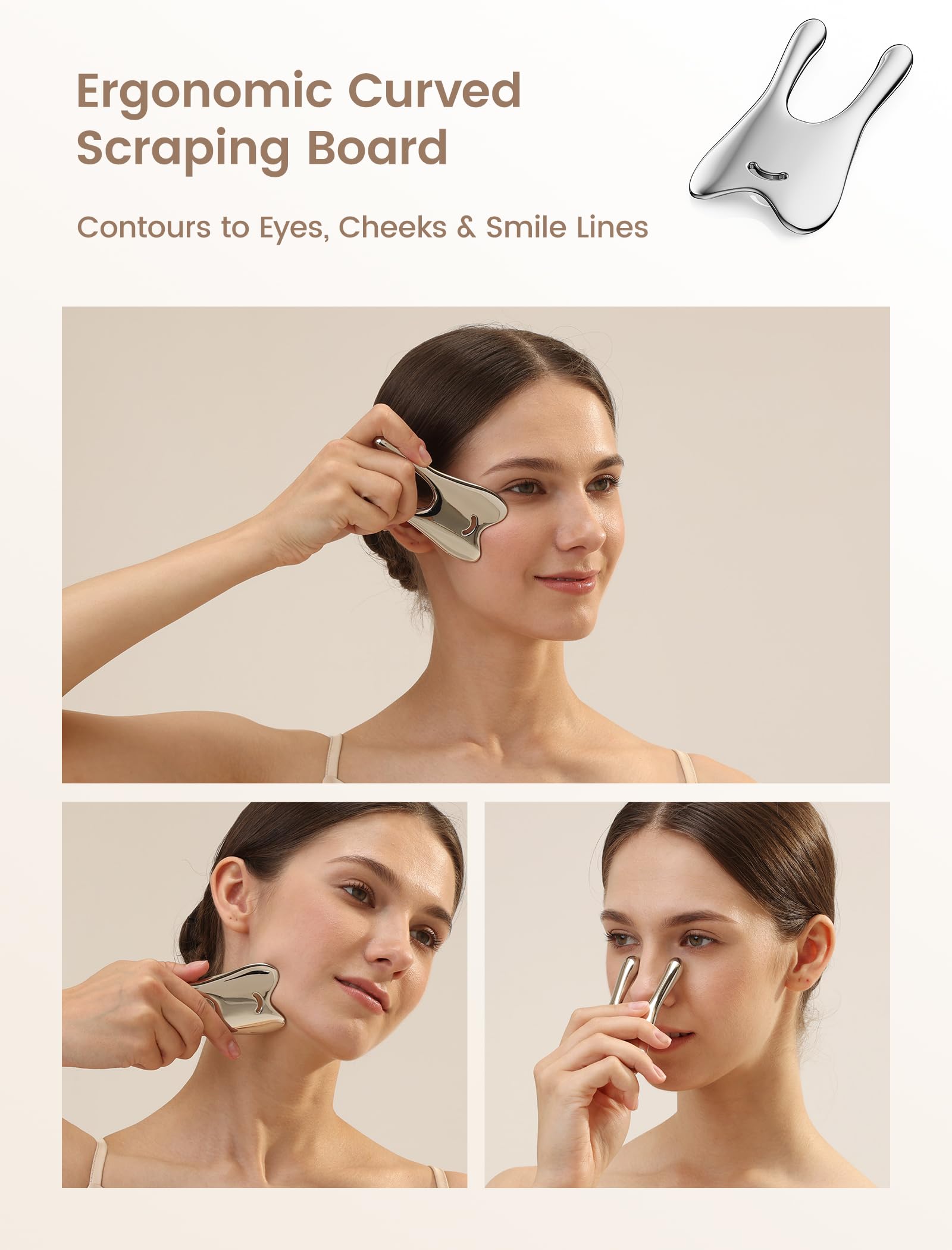 Lemove gua sha used on model performing lymphatic facial strokes to reduce puffiness