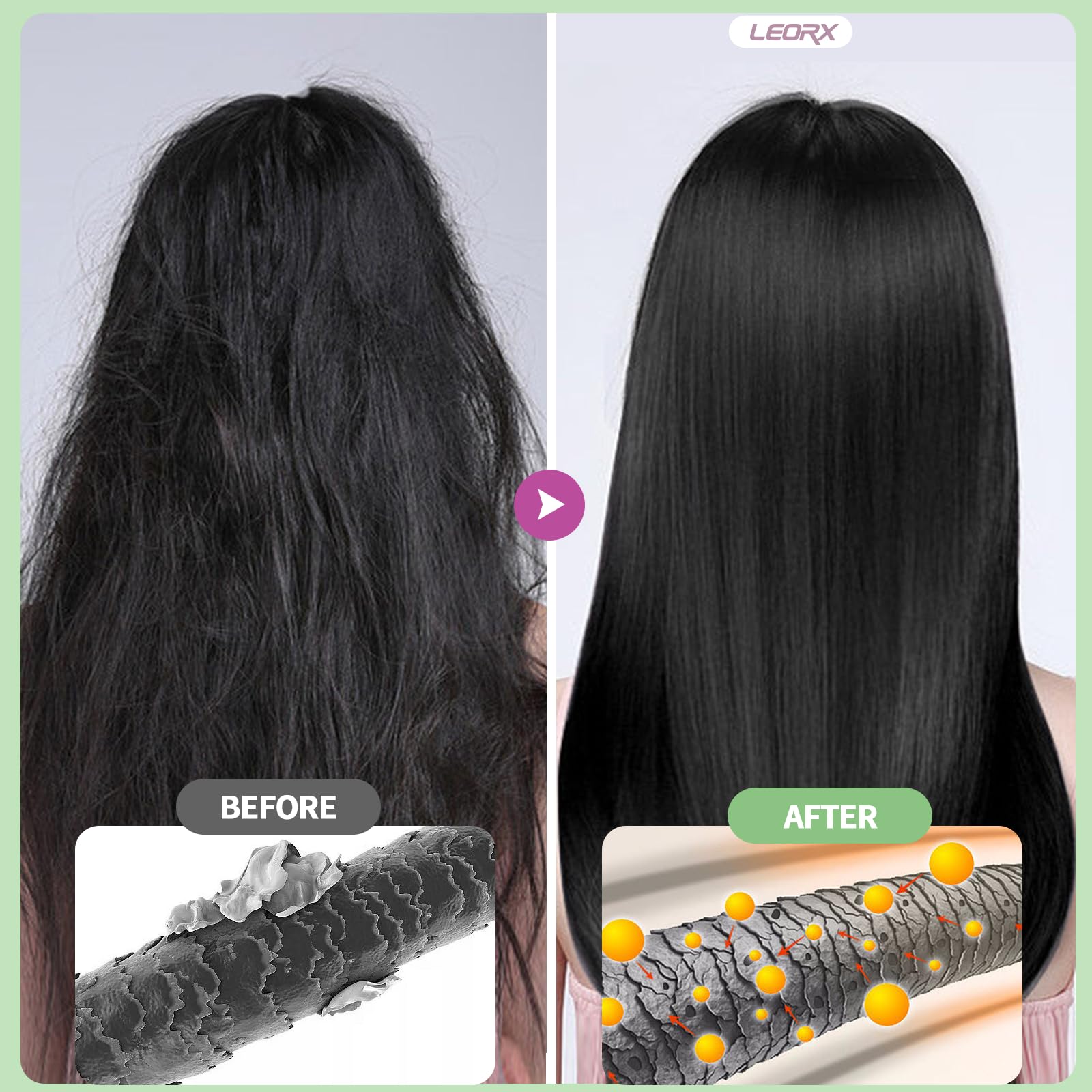leorx hair close-up showing conditioned, glossy strands after use